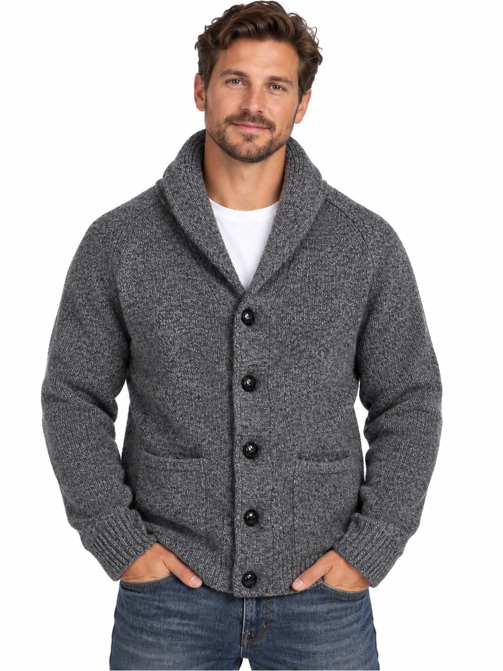 J. Crew Shawl-Collar Button Cardigan Men’s Size Medium Gray Lambswool grandpa